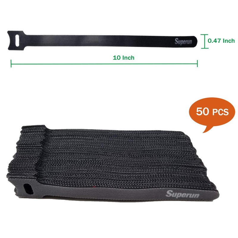 Superun 50 Pcs Black 10 Inch Fastening Cable Ties Reusable Cord Organizer, Adjustable Hook and Loop Wire Wrap Cable Management - Image 2